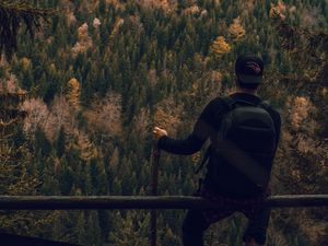 Preview wallpaper man, forest, nature, backpack, hiking