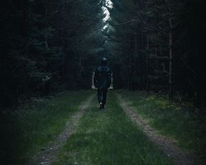 Preview wallpaper man, forest, road, glade, trees, loneliness
