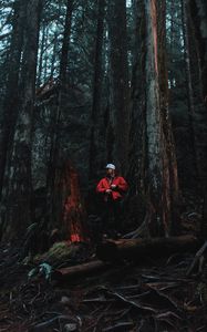 Preview wallpaper man, forest, trees, logs, nature
