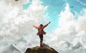 Preview wallpaper man, freedom, rocks, sky, art