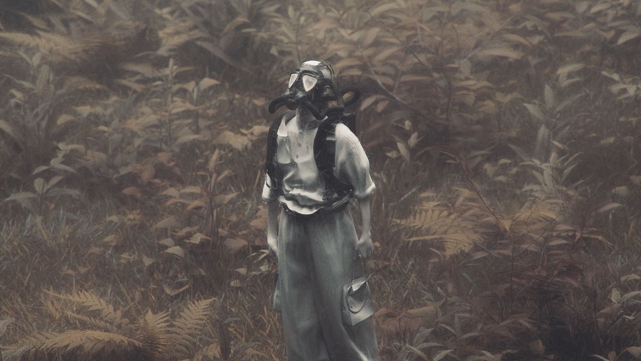 Wallpaper man, gas mask, branches, grass, art
