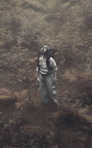 Preview wallpaper man, gas mask, branches, grass, art