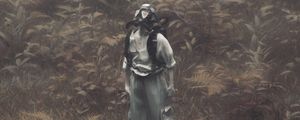 Preview wallpaper man, gas mask, branches, grass, art