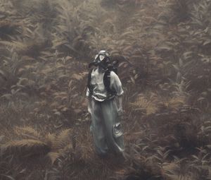 Preview wallpaper man, gas mask, branches, grass, art