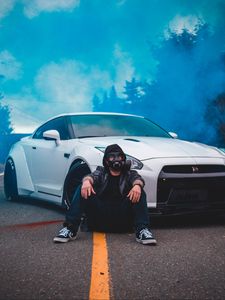 Preview wallpaper man, gas mask, car, smoke, cloud