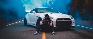 Preview wallpaper man, gas mask, car, smoke, cloud
