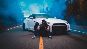 Preview wallpaper man, gas mask, car, smoke, cloud