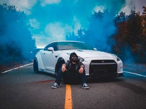 Preview wallpaper man, gas mask, car, smoke, cloud