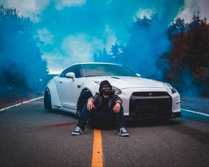 Preview wallpaper man, gas mask, car, smoke, cloud