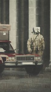 Preview wallpaper man, gas mask, cube, car, art