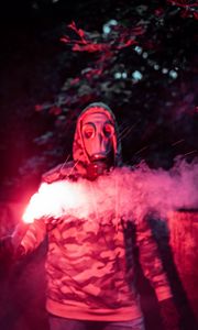 Preview wallpaper man, gas mask, fire, smoke, sparks