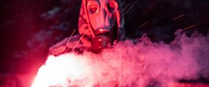 Preview wallpaper man, gas mask, fire, smoke, sparks