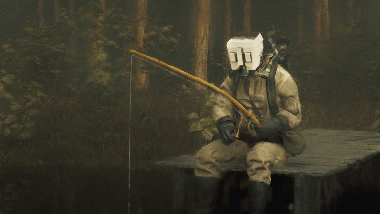 Wallpaper man, gas mask, fishing rod, fishing, art