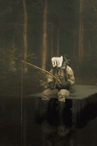 Preview wallpaper man, gas mask, fishing rod, fishing, art