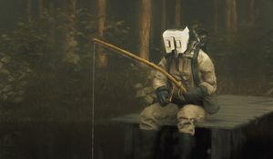 Preview wallpaper man, gas mask, fishing rod, fishing, art