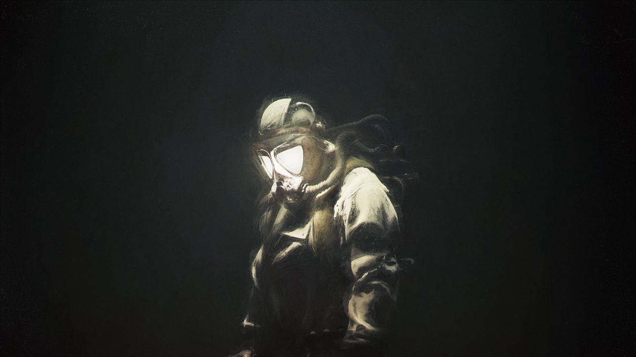 Wallpaper man, gas mask, glow, art