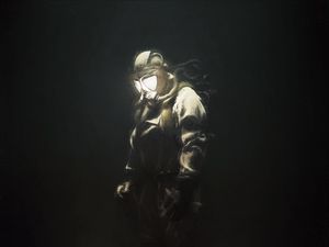 Preview wallpaper man, gas mask, glow, art