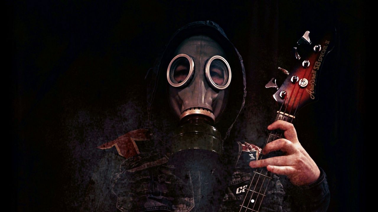 Wallpaper man, gas mask, guitar, dark, gloomy