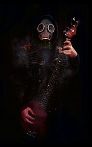 Preview wallpaper man, gas mask, guitar, dark, gloomy