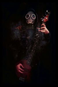 Preview wallpaper man, gas mask, guitar, dark, gloomy