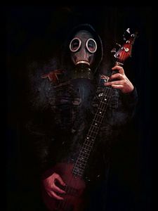 Preview wallpaper man, gas mask, guitar, dark, gloomy