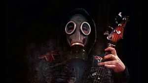 Preview wallpaper man, gas mask, guitar, dark, gloomy