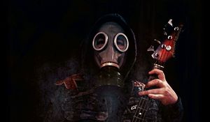 Preview wallpaper man, gas mask, guitar, dark, gloomy