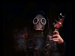 Preview wallpaper man, gas mask, guitar, dark, gloomy