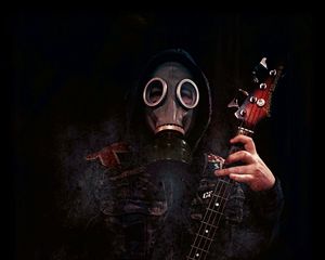 Preview wallpaper man, gas mask, guitar, dark, gloomy
