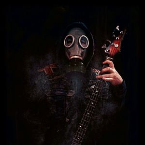 Preview wallpaper man, gas mask, guitar, dark, gloomy
