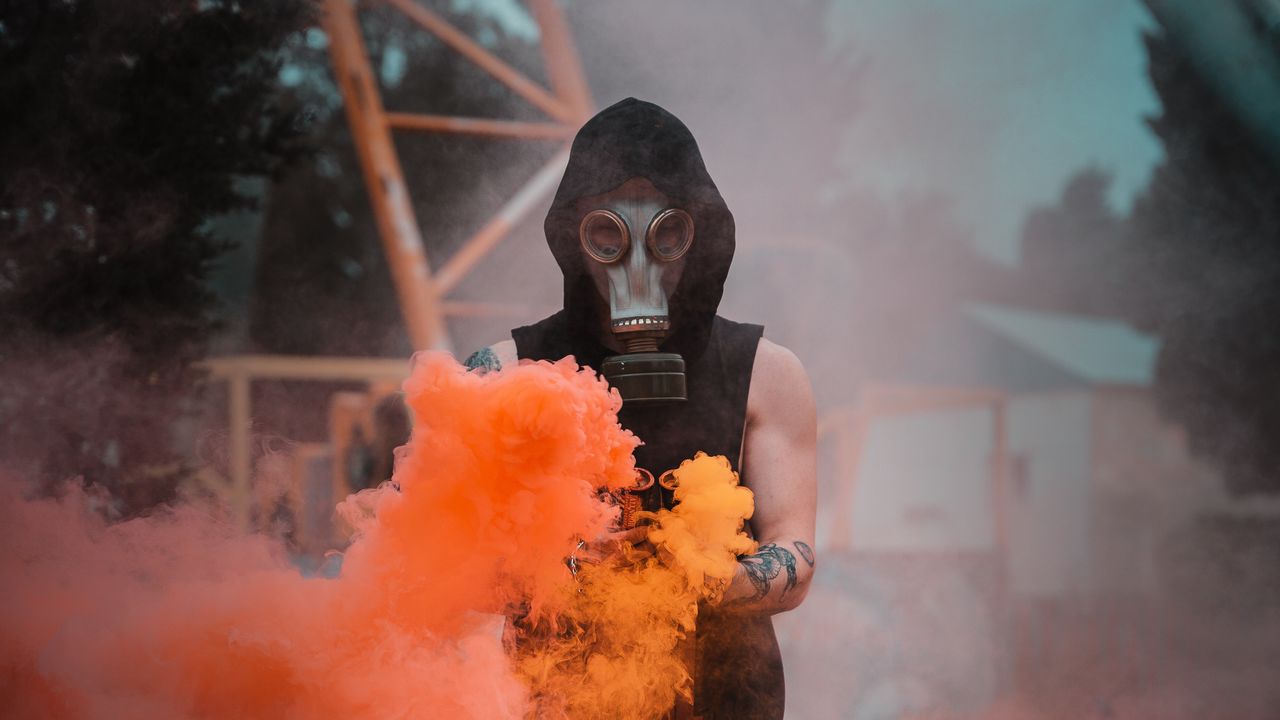 Wallpaper man, gas mask, mask, smoke, orange