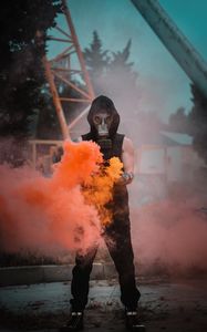 Preview wallpaper man, gas mask, mask, smoke, orange