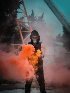 Preview wallpaper man, gas mask, mask, smoke, orange
