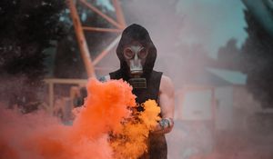 Preview wallpaper man, gas mask, mask, smoke, orange