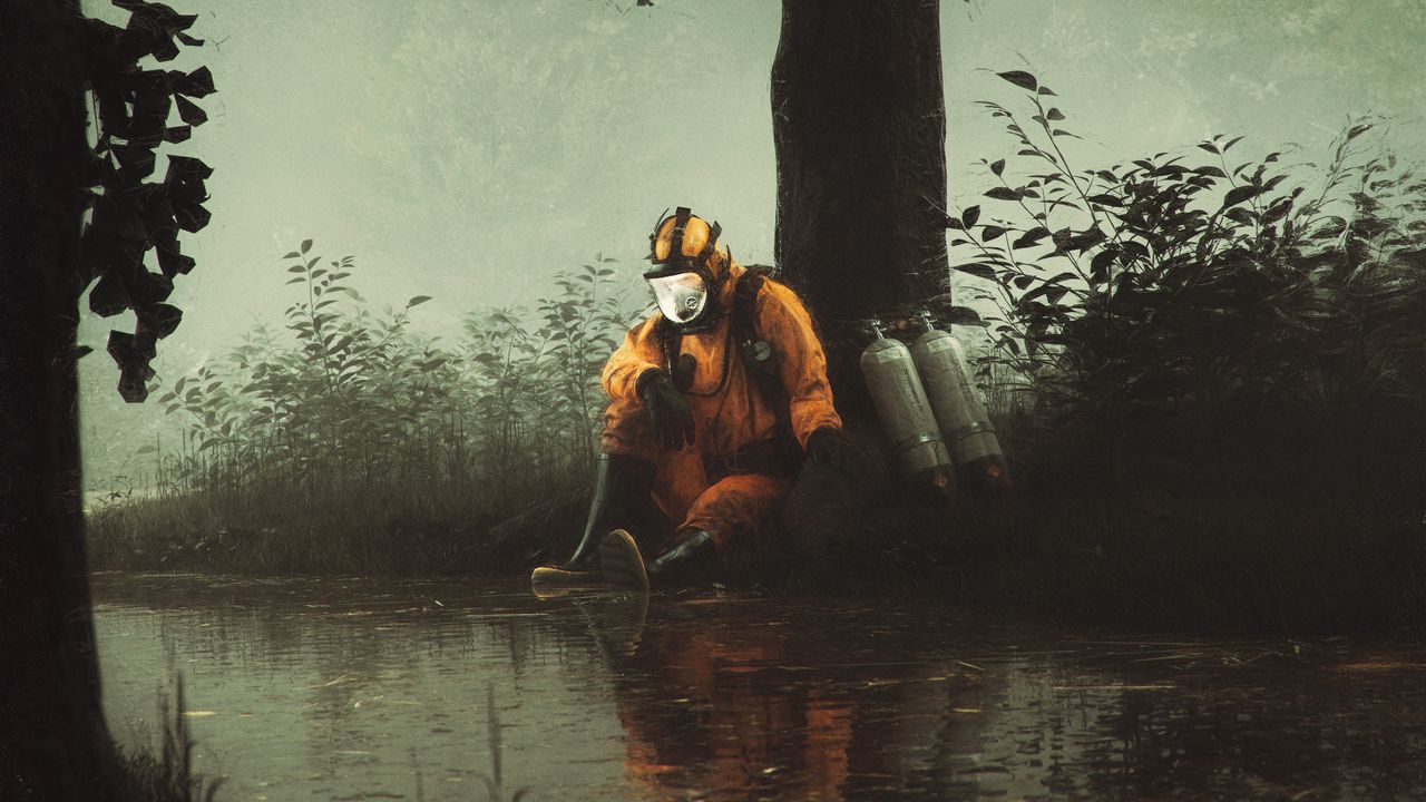 Wallpaper man, gas mask, pond, art