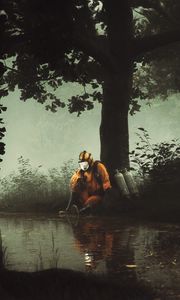 Preview wallpaper man, gas mask, pond, art