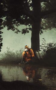 Preview wallpaper man, gas mask, pond, art