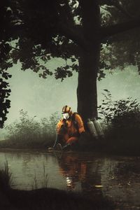 Preview wallpaper man, gas mask, pond, art