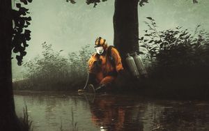 Preview wallpaper man, gas mask, pond, art