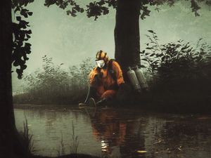 Preview wallpaper man, gas mask, pond, art