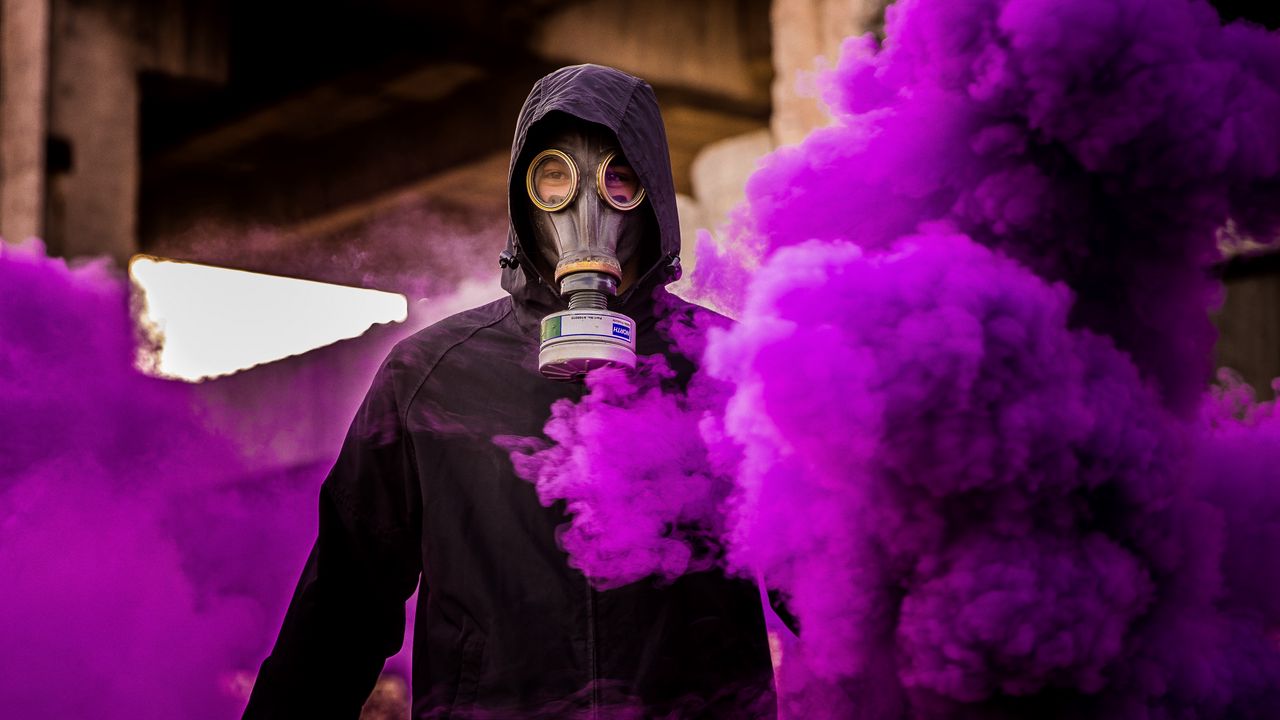 Wallpaper man, gas mask, smoke, purple