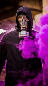 Preview wallpaper man, gas mask, smoke, purple