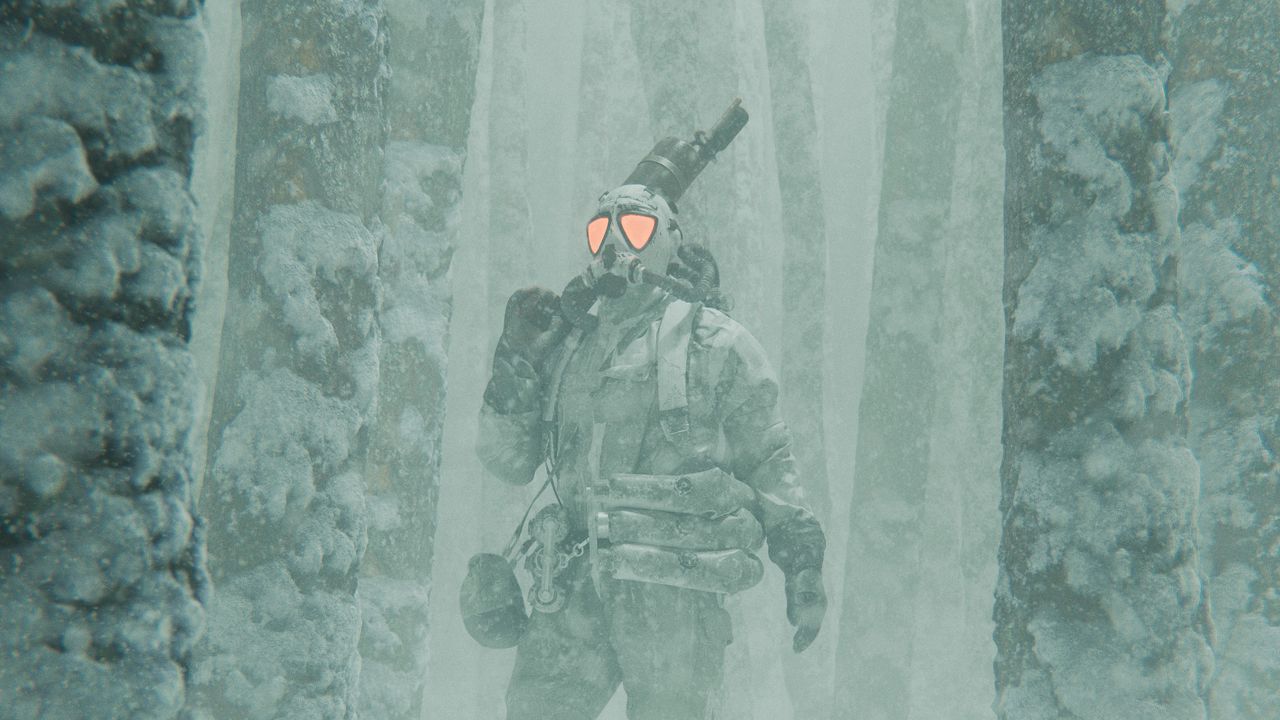 Wallpaper man, gas mask, snow, fog, art