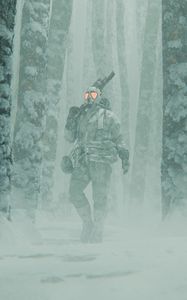 Preview wallpaper man, gas mask, snow, fog, art