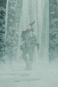 Preview wallpaper man, gas mask, snow, fog, art