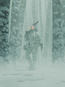 Preview wallpaper man, gas mask, snow, fog, art