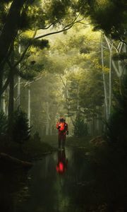 Preview wallpaper man, gas mask, stream, reflection, forest, art