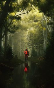 Preview wallpaper man, gas mask, stream, reflection, forest, art