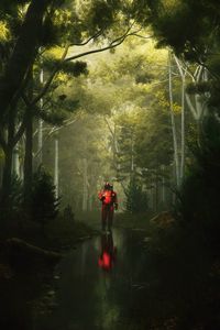 Preview wallpaper man, gas mask, stream, reflection, forest, art