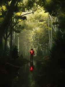 Preview wallpaper man, gas mask, stream, reflection, forest, art